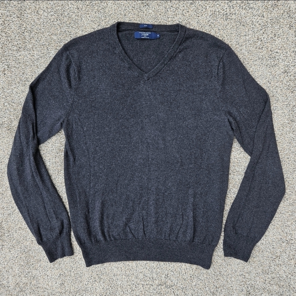 J Crew Cashmere Cotton Sweater Charcoal Gray V Neck Slim Fit Mens Size Medium